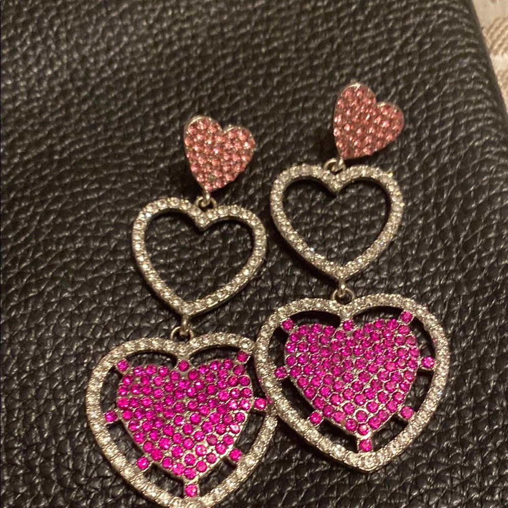 Pink and Silver Heart Drop Earrings